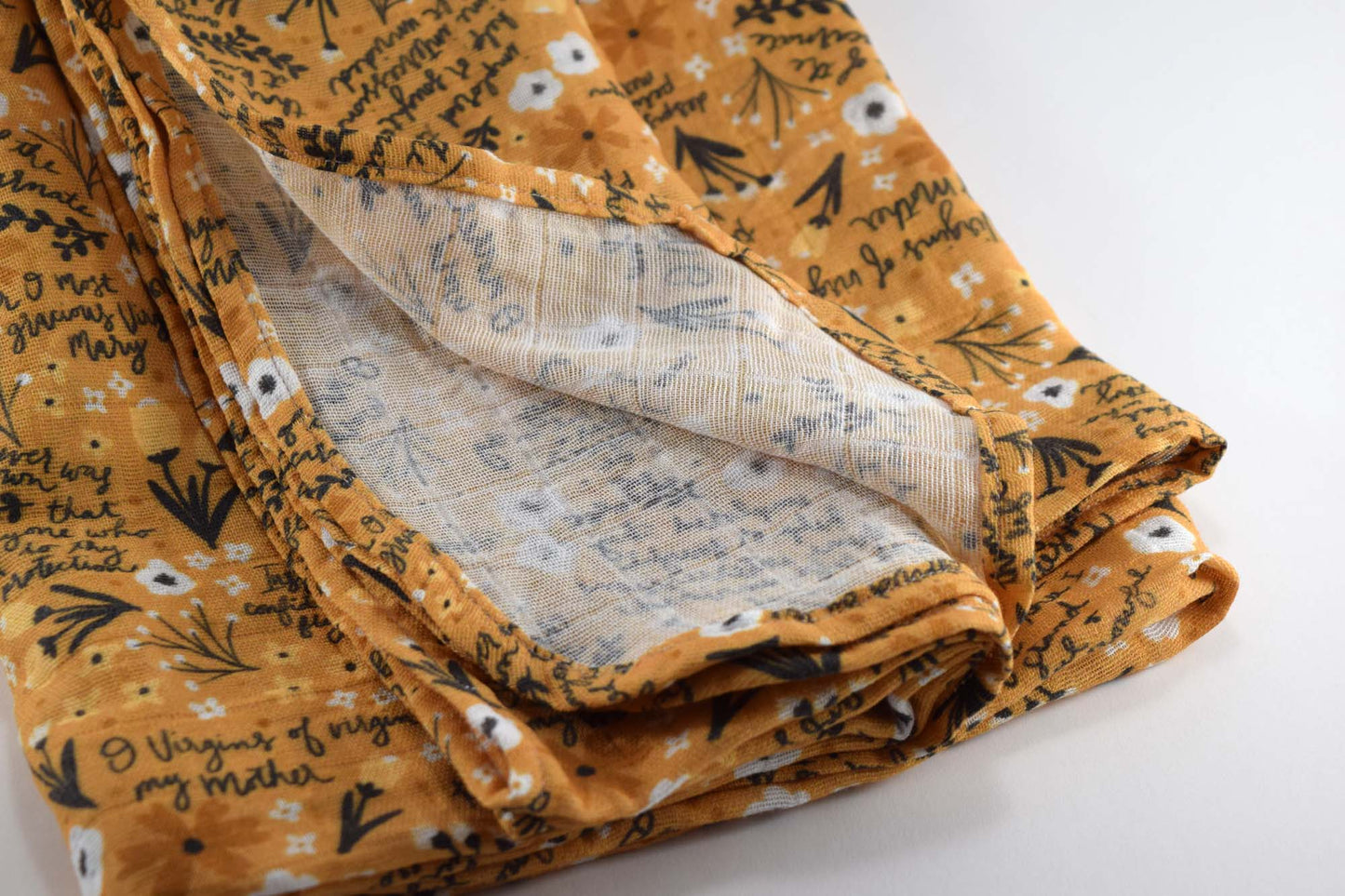 catholic swaddle blanket - yellow floral memorare