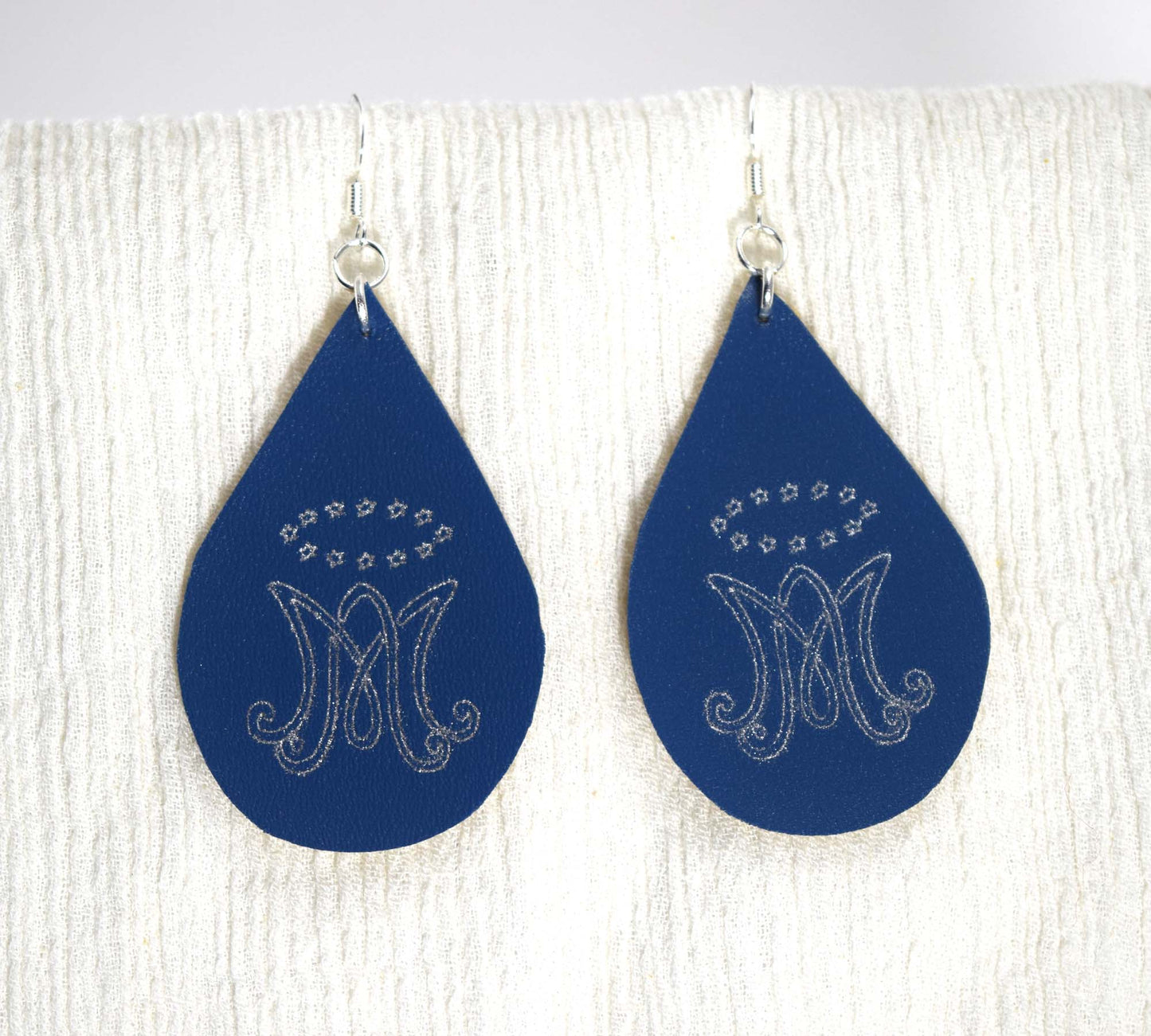 queen of heaven earrings, catholic faux leather earrings, catholic earrings, catholic teardrop earrings, mary earrings