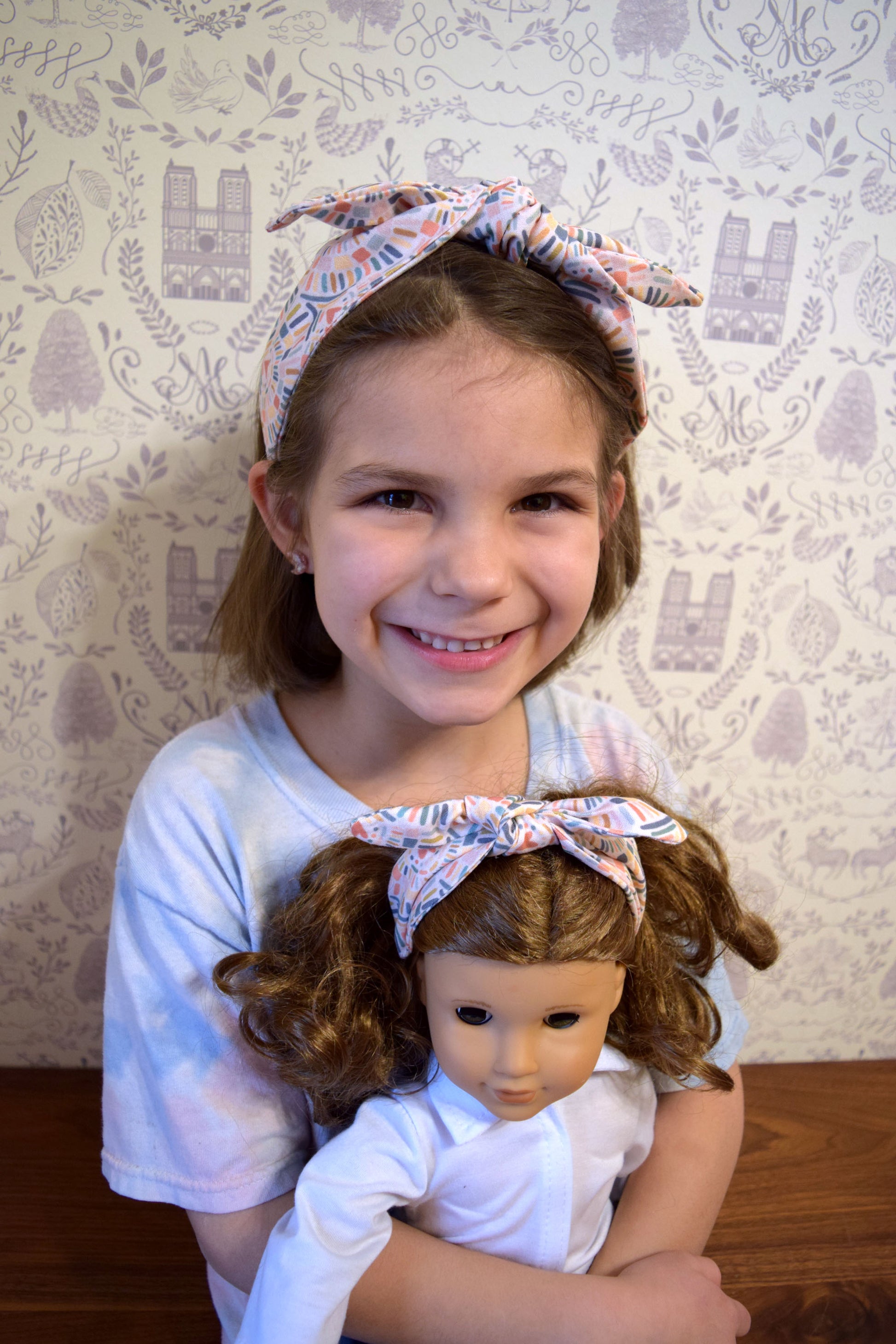 god's promise, rainbows, catholic headband, catholic girl gift, catholic doll, dolly and me set, matching doll headband