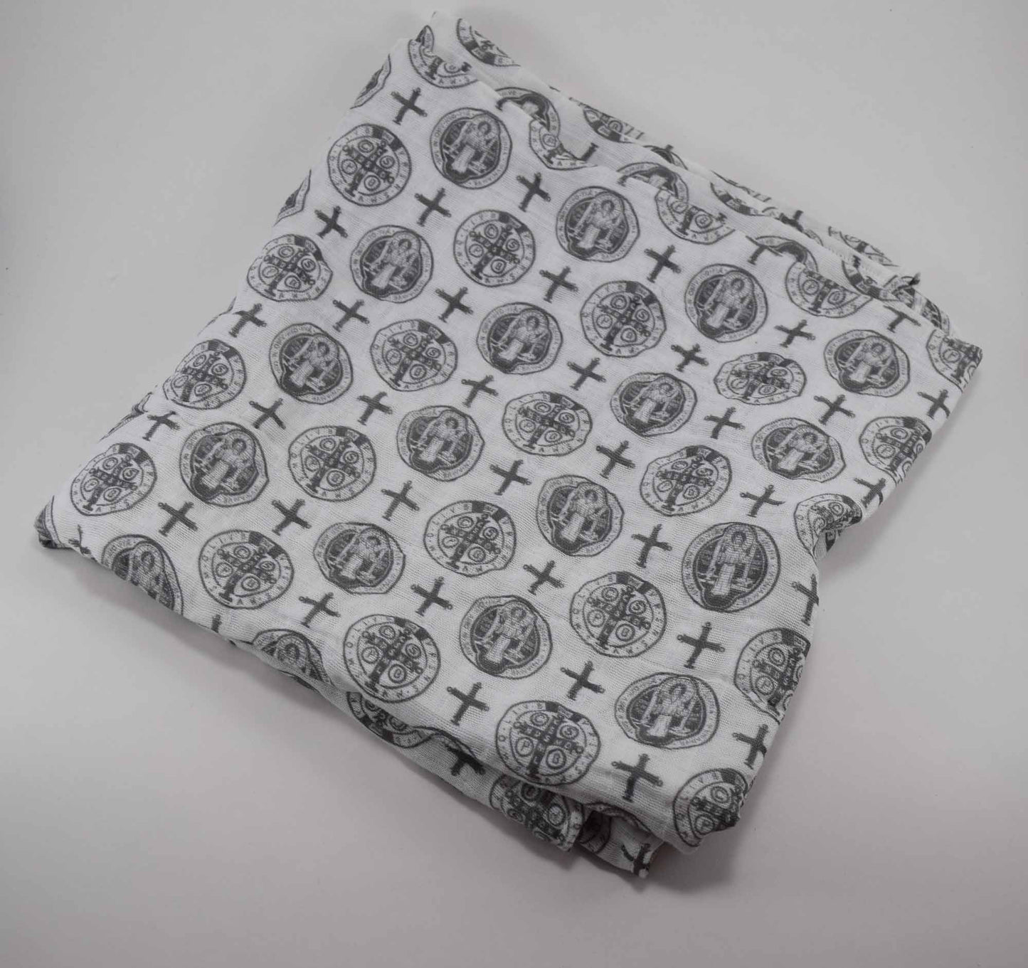 catholic swaddle blanket, st benedict blanket, catholic baby gift, catholic baby boy, catholic baby shower gift, st benedict medal