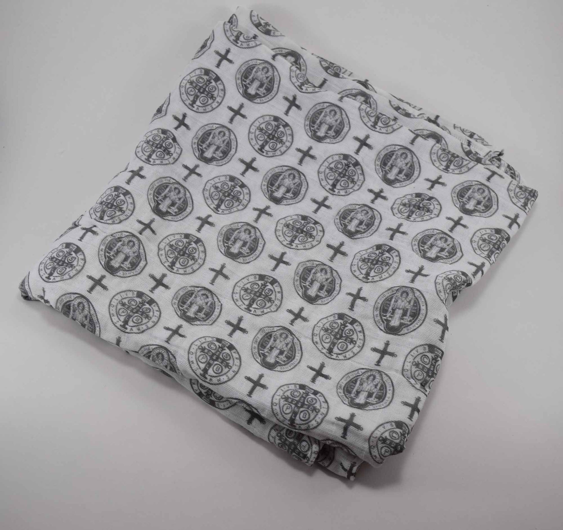 catholic swaddle blanket, st benedict blanket, catholic baby gift, catholic baby boy, catholic baby shower gift, st benedict medal