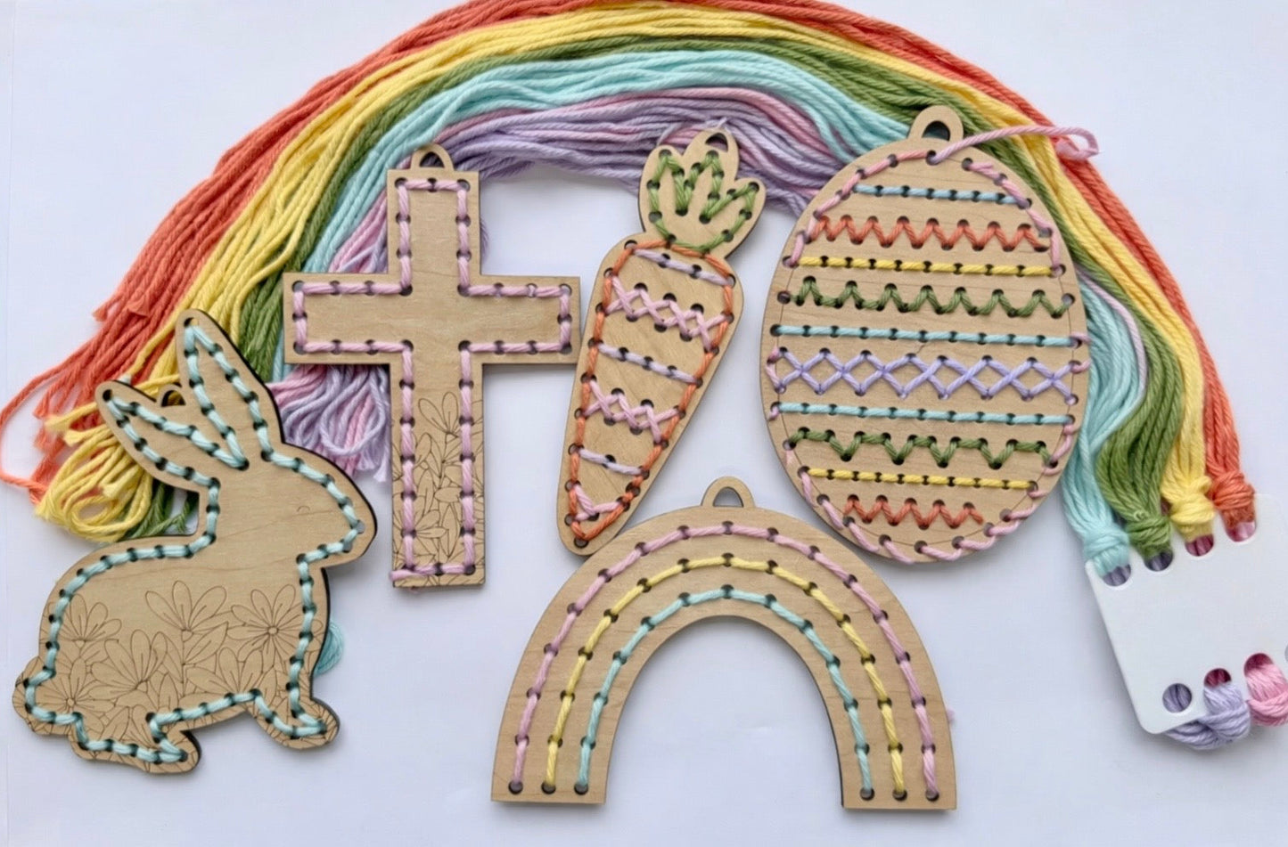 Kids Easter Wooden lacing craft kit with bunny, egg, carrot, rainbow, and cross shapes