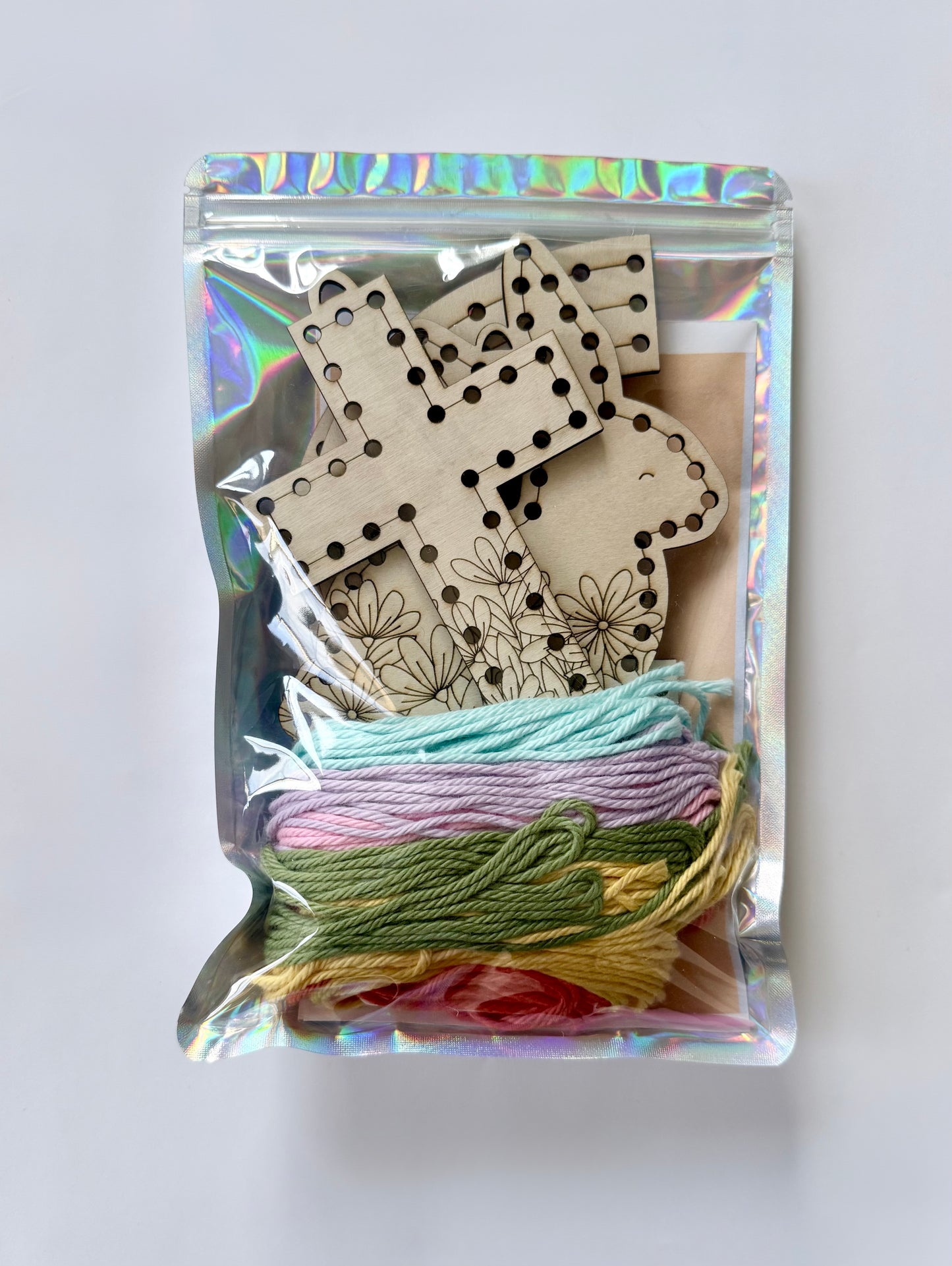 Kids Easter Wooden lacing craft kit with bunny, egg, carrot, rainbow, and cross shapes
