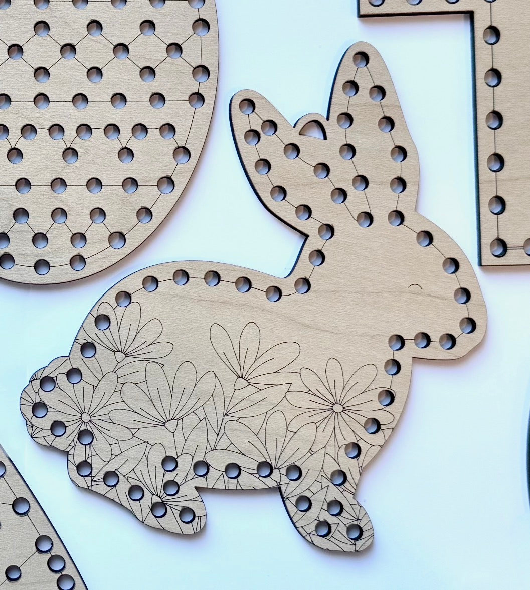 Kids Easter Wooden lacing craft kit with bunny, egg, carrot, rainbow, and cross shapes