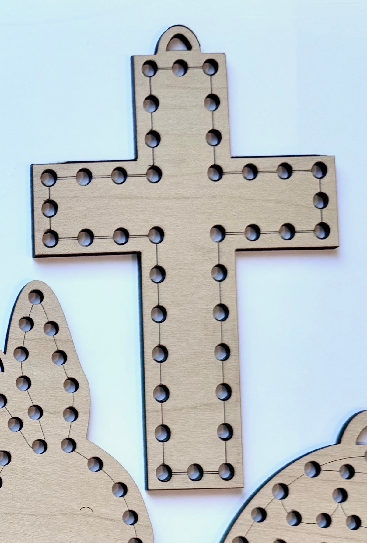 Kids Easter Wooden lacing craft kit with bunny, egg, carrot, rainbow, and cross shapes