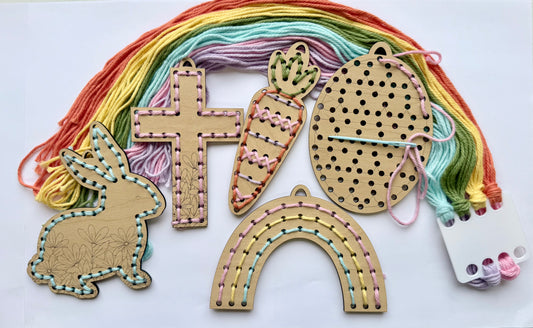 Kids Easter Wooden lacing craft kit with bunny, egg, carrot, rainbow, and cross shapes