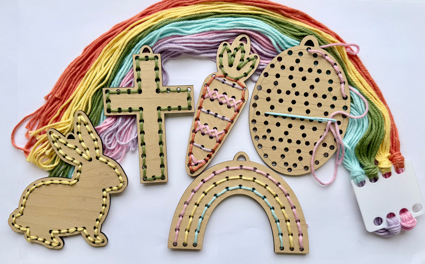Kids Easter Wooden lacing craft kit with bunny, egg, carrot, rainbow, and cross shapes