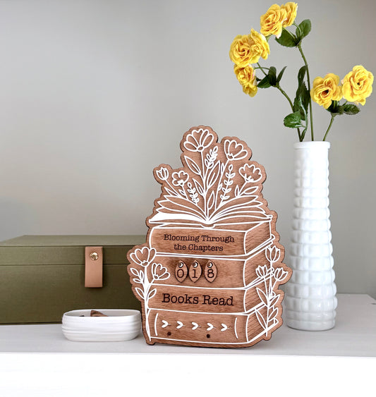 Blooming Through the Chapters – Wooden Books Read Tracker with Number Storage Box | Book Lover Gift