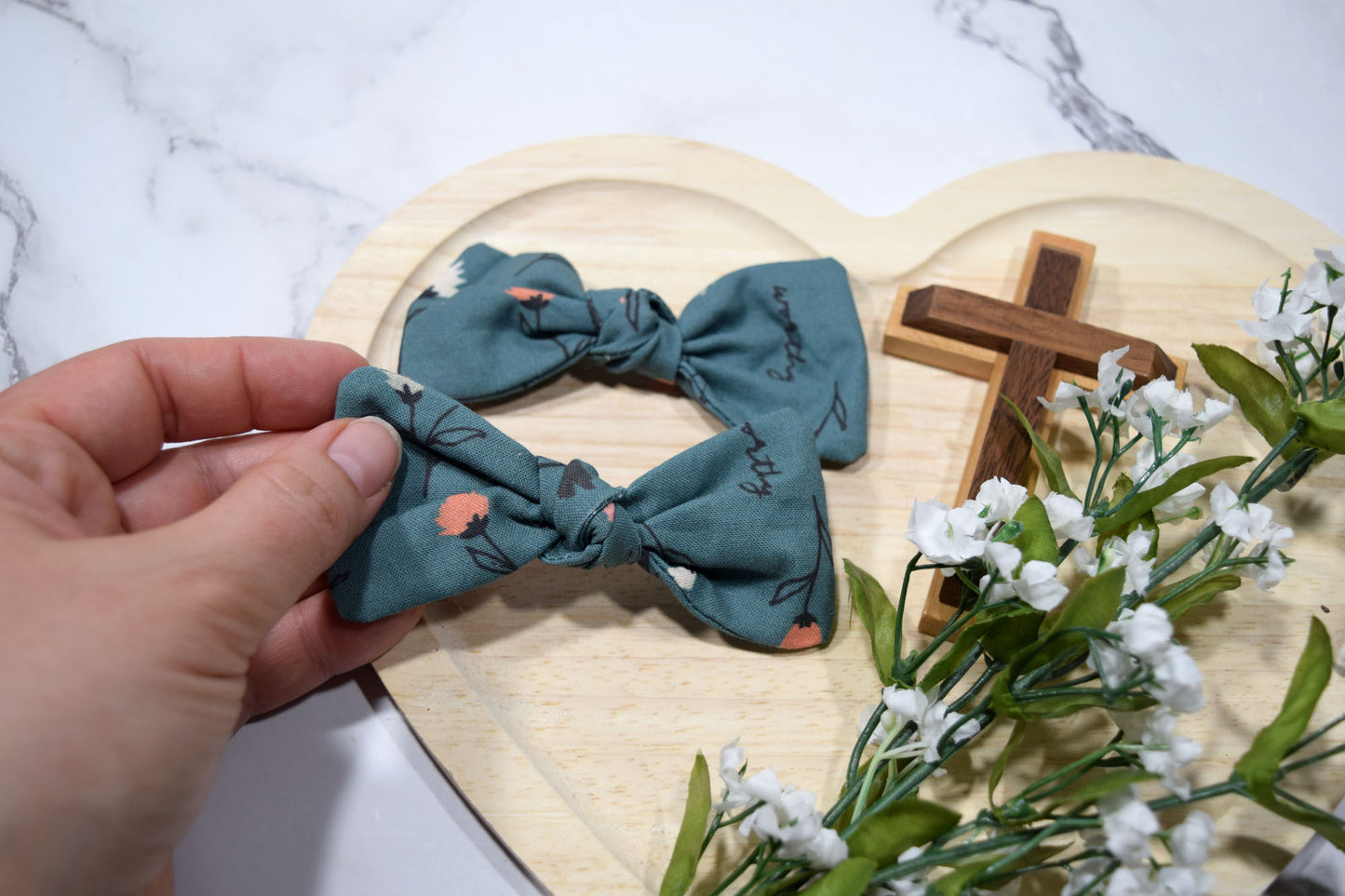 Catholic Knotted Hair Bows - Teal Beloved Wildflowers