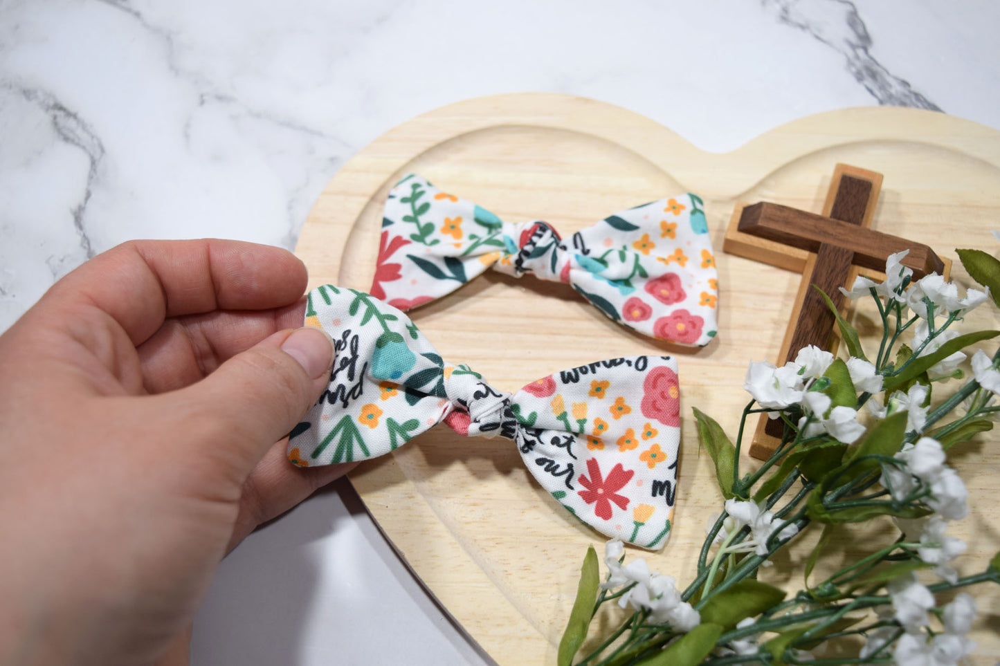 Catholic Knotted Hair Bows - Floral Hail Mary