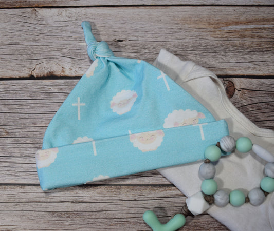 Blue Baby Sheep Top Knot Baby Hat - Joyful Mama Joyful Baby