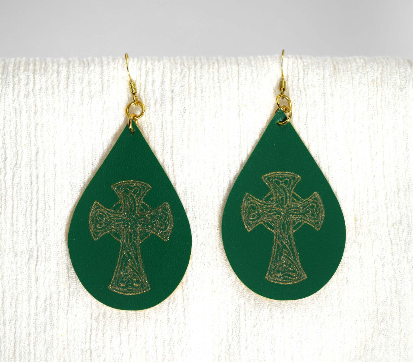 st patrick earrings, catholic earrings, faux leather catholic earrings, irish earrings, foil earrings